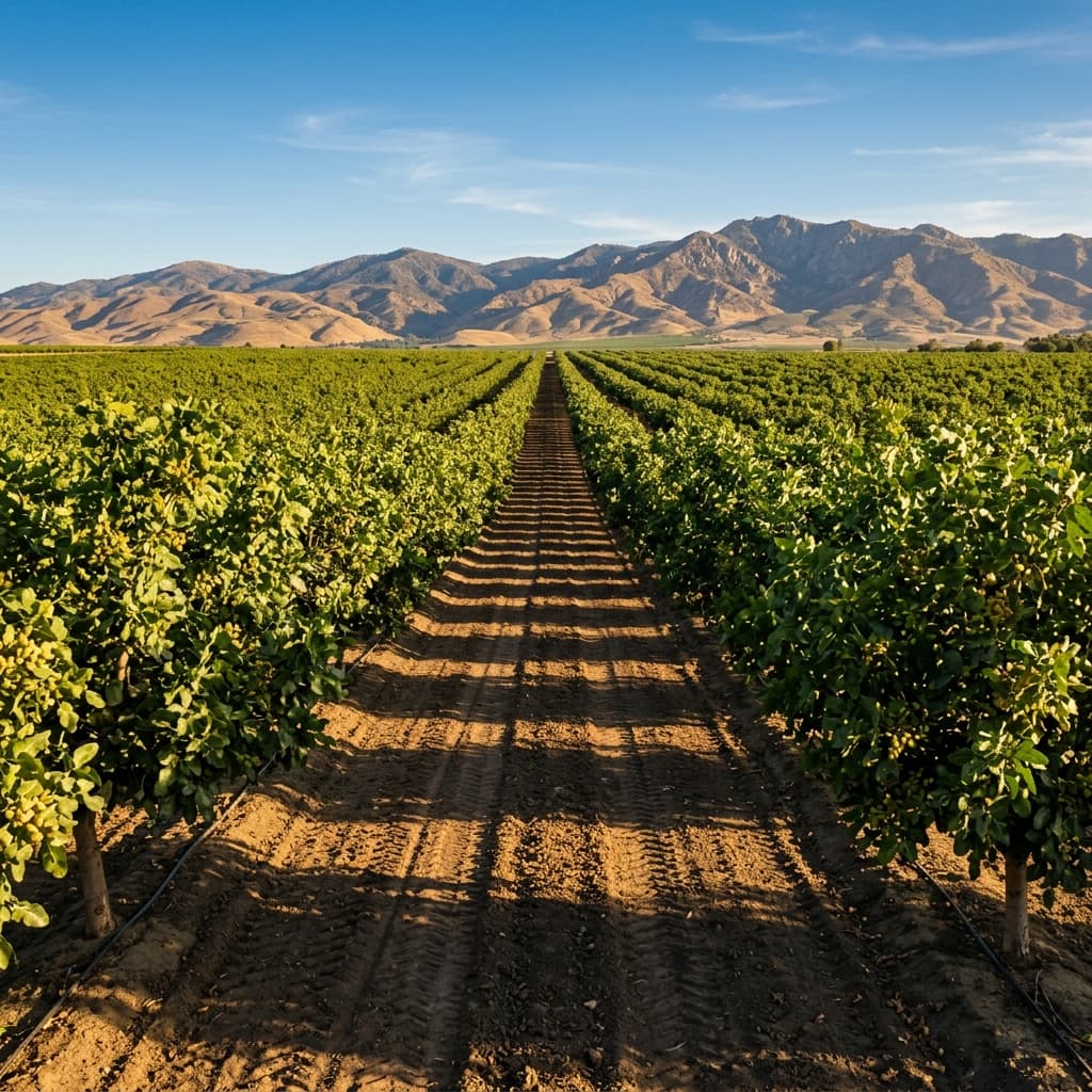 Beautiful rows of growing pistachio trees under the warm California sun highlighting sustainable farming